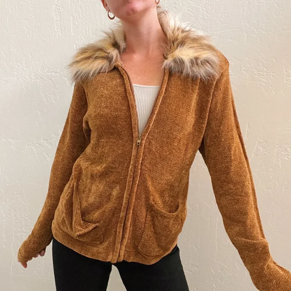 Vintage 1990's Tan Chenille Knit Fur Collar Zip Up Sweater - Picture 3 of 7